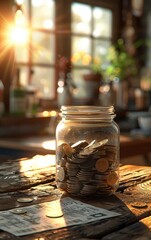 A jar full of coins sits on a wooden table