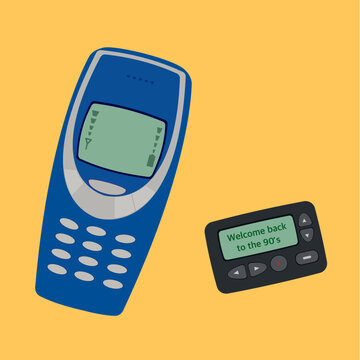 Classic commutation technology 1990. Vintage cellular mobile and pager on yellow background, portable retro cellphone. Old telecommunication device from 90s . Vector Illustration