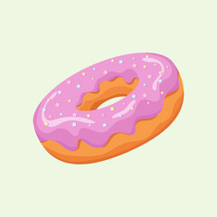Donut isolated on green background. Cute, colorful and glossy donuts with lilac glaze and multicolored stars. Simple modern design. Vector illustration.