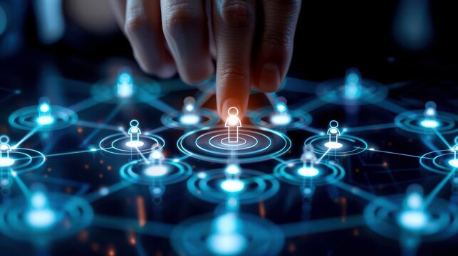 Change management communication. Futuristic Network Connection Concept Human Touch Activating Digital Nodes and Data Links