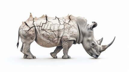 Obraz premium Majestic Rhino Symbolizing the Impact of Climate Change on Desertification, Isolated on White Background, Generative Ai