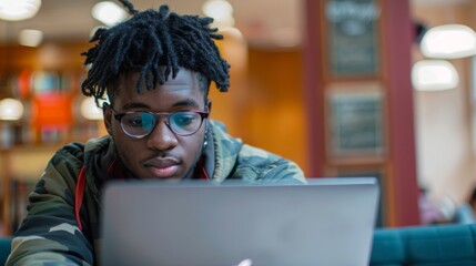A student working on a laptop in a library, showcasing the use of technology for research and study in a modern academic setting