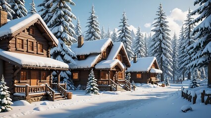 Cozy cabin nestled in a snowy forest, winter wonderland.
