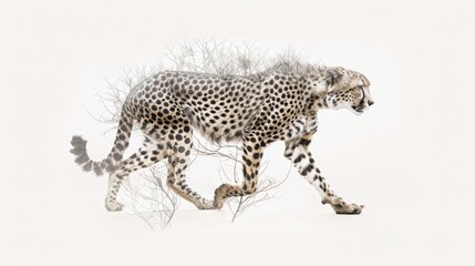 Thriving Cheetah in a Changing World â€“ Double Exposure Concept of Climate Change in Barren Savannah on White Background, Generative Ai