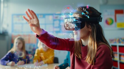 A student uses a virtual reality headset for interactive learning in a classroom setting, demonstrating the use of advanced technology to enhance educational experiences