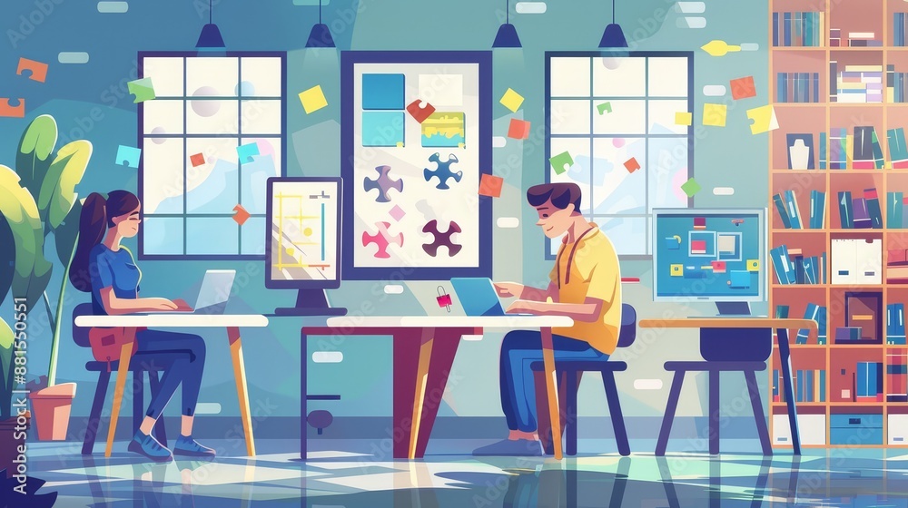 Poster two people working on computers in an office - an illustration of two people working on their comput