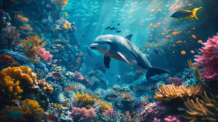underwater scene of a dolphin swimming around a coral reef, with colorful fish and sea plants in the background © zuriya