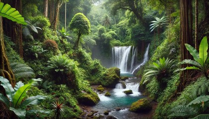 A cascading waterfall tumbles down moss-covered rocks in a lush, green jungle landscape