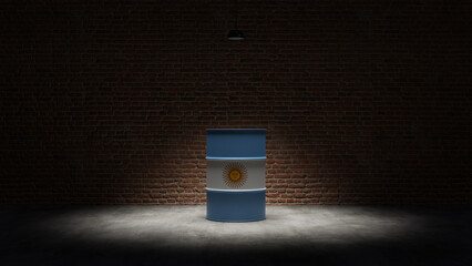 Oil barrel with the flag of Argentina in front of a brick background