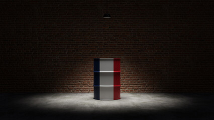 Oil barrel with the flag of France in front of a brick background