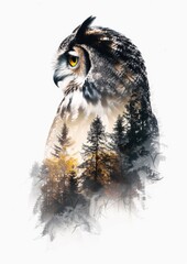 Guardian of the Forest - Owl Double Exposure with Deforestation and Climate Change Concept on White Background, Generative Ai