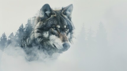 Fototapeta premium Wolf in the Mist - A wolf's face emerges from the mist, peering out from the depths of the forest. - A wolf's face emerges from the mist, peering out from the depths of the forest.