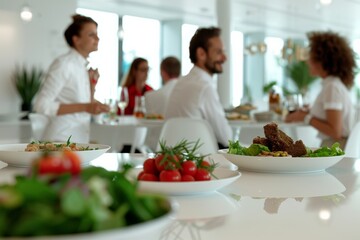Modern Office Break Room Scene Diverse Employees Enjoying Lunch, Emphasizing Workplace Wellness in a Bright Space