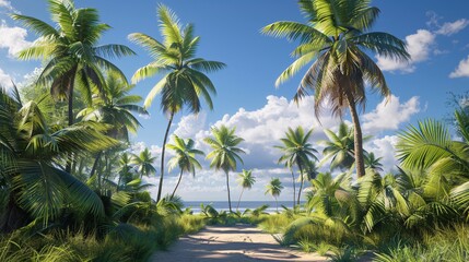 outdoor landscape with coconut trees under a clear blue sky, capturing the essence of tropical nature.