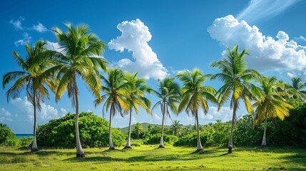 Obraz premium outdoor landscape with coconut trees under a clear blue sky, capturing the essence of tropical nature.