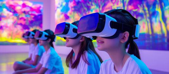Children wearing VR headsets in immersive virtual reality lesson