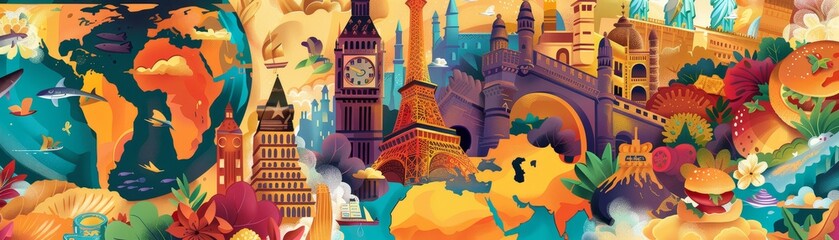 Obraz premium World Landmarks Collage - A colorful and vibrant illustration featuring a collage of iconic landmarks from around the world. - A colorful and vibrant illustration featuring a collage of iconic landmar