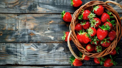 Ripe strawberries in basket on rustic wooden background top view