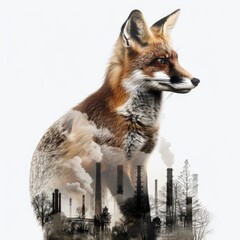 Obraz premium Ethereal Fox Amidst Industrial Pollution - Double Exposure Climate Change Concept on White Background, Generative Ai