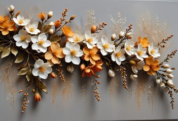 an artwork featuring a row of blossoms varying in shades from pale ivory to rich amber, with intricate stamen details, placed on a rough grey canvas