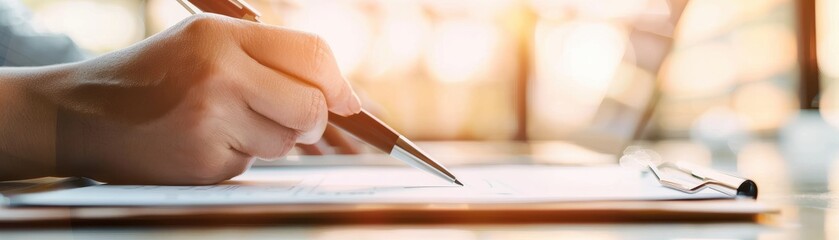 Close-up of a person writing with a pen on paper, with glasses nearby, lit by natural light coming through a window.