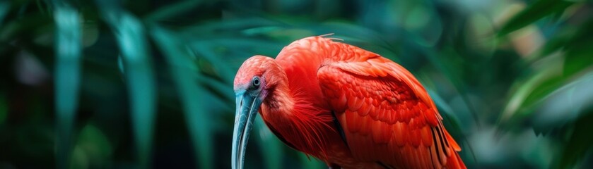 Obraz premium Close-up of a vibrant red ibis bird against a natural green background, showcasing the rich color and elegant form of the bird.
