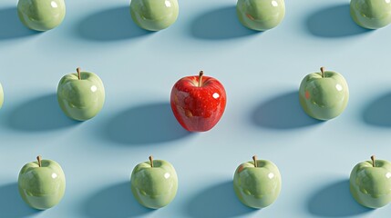 Stand Out Innovation Concept A Unique Red Apple Among Green Apples on a Minimalist Blue Background