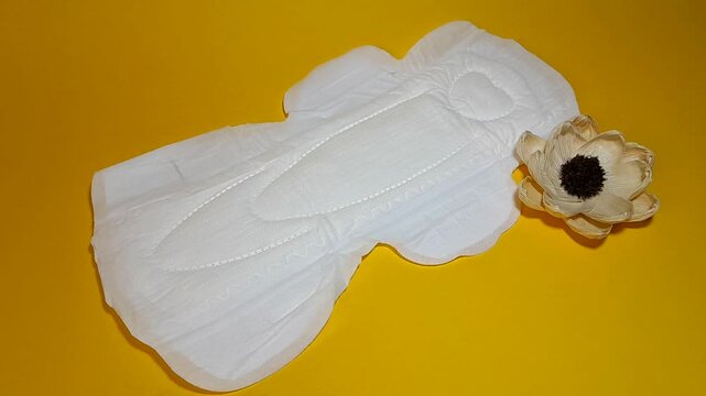 Sanitary napkin and flower. A concept that shows softness for the feminine area, is able to accommodate large amounts of blood and still keeps the feminine area dry, isolated on yellow.