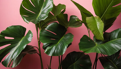 Obraz premium lush green Monstera plants with large, fenestrated leaves set against a pink background