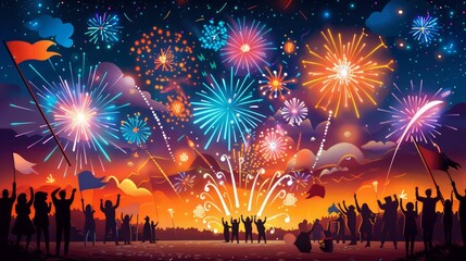 illustration of a vibrant celebration with a dazzling display of colorful fireworks lighting up the night sky, with flags waving and people cheering in the background, creating a joyful atmosphere,