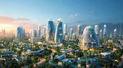 Naklejka premium futuristic cityscape featuring sleek, modern skyscrapers with cutting-edge architectural designs, integrated with smart homes and green spaces, showcasing advanced urban planning, providing ample