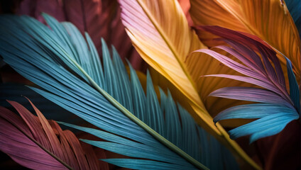 Fototapeta premium colored tropical leaves are arranged in an overlapping pattern, in shades of blue, yellow, pink, light green