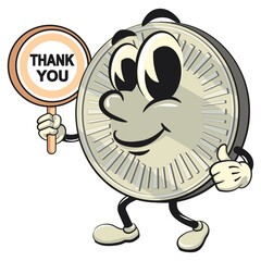 character of a coin money cartoon vector isolated clip art mascot illustration  carrying a sign saying thank you, work of hand drawn