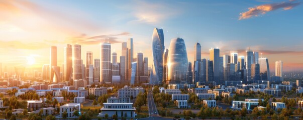Naklejka premium advanced urban scene with towering modern skyscrapers and intelligent smart homes, designed with futuristic urban planning principles, offering clear copy space for text