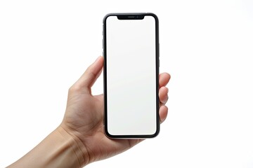 Smartphone mockup on hand with white blank screen created with Generative AI