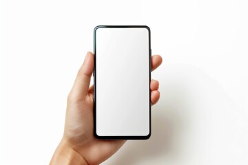 Smartphone mockup on hand with white blank screen created with Generative AI