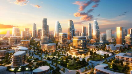 Obraz premium futuristic city center featuring modern skyscrapers and sustainable smart homes, integrated with green spaces and advanced urban planning, providing ample copy space for text