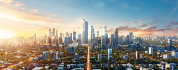 Fototapeta premium modern metropolitan area with sleek skyscrapers and intelligent smart homes, showcasing innovative urban planning and infrastructure, offering clear copy space for text