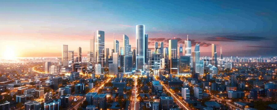 advanced urban landscape featuring state-of-the-art skyscrapers and high-tech smart homes, designed with futuristic urban planning, offering clear copy space for text