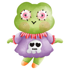 Cute green plush frog doll wearing a purple dress with a skull design, perfect for children's toys or Halloween themes.