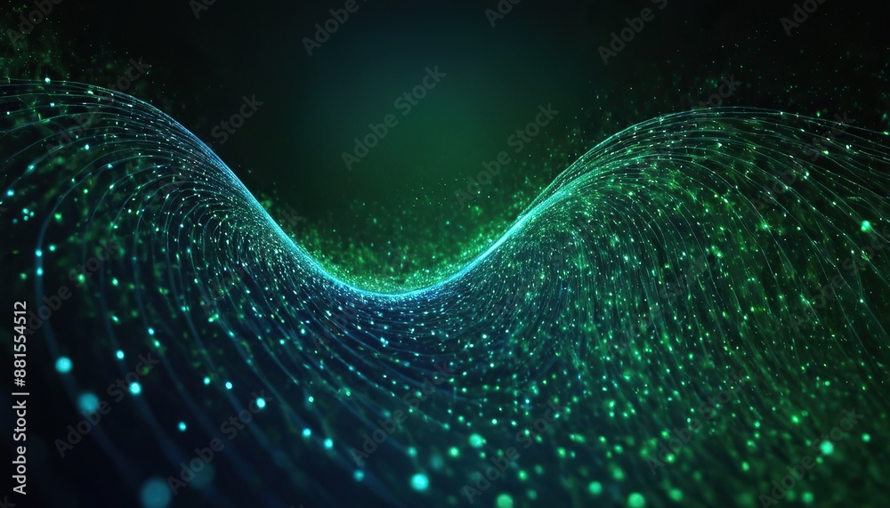 Wall mural digital light blue and light green particles wave and light abstract background with shining dots st