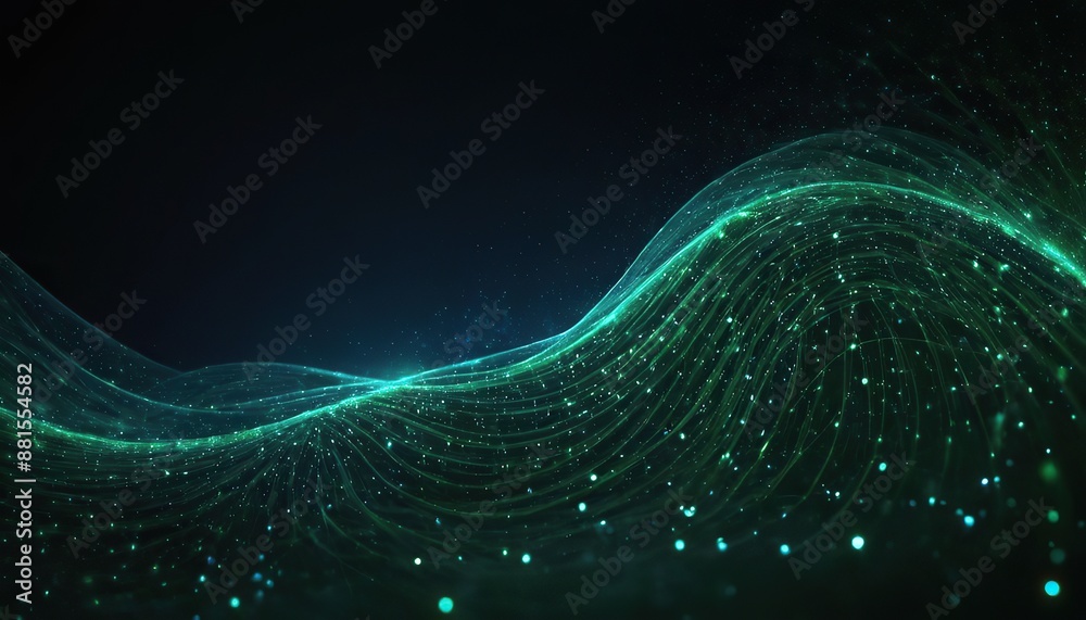 Wall mural digital light blue and light green particles wave and light abstract background with shining dots st