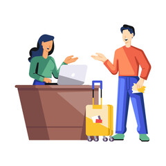 Man talking at airline reception, flat character illustration 

