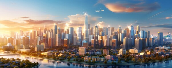 Fototapeta premium state-of-the-art urban skyline with innovative skyscrapers and sustainable smart homes, showcasing advanced infrastructure and urban planning, offering clear copy space for text