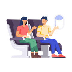 A flat illustration of talking flight passengers 

