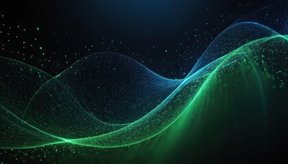 Abstract green and blue particle background. Flow wave with dot landscape. Digital data structure. Future mesh or sound grid. Pattern point visualization.