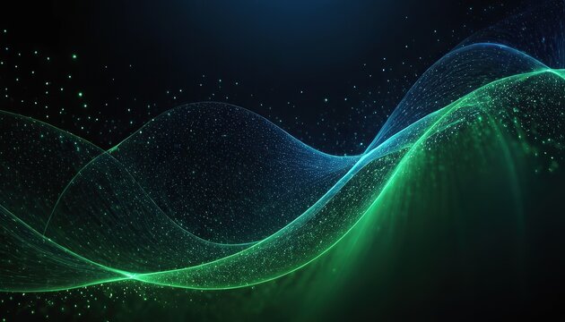 Abstract green and blue particle background. Flow wave with dot landscape. Digital data structure. Future mesh or sound grid. Pattern point visualization.