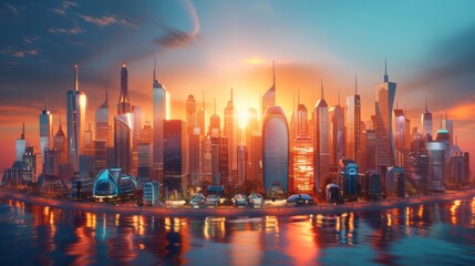 Fototapeta premium futuristic skyline showcasing sleek, cutting-edge skyscrapers and smart homes, highlighting sustainable urban planning principles, providing ample copy space for text