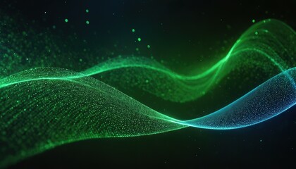 Digital blue and green particles wave and light abstract background with shining dots stars 156