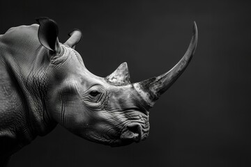 Monochrome image of a majestic rhinoceros on a dark background in the wild nature